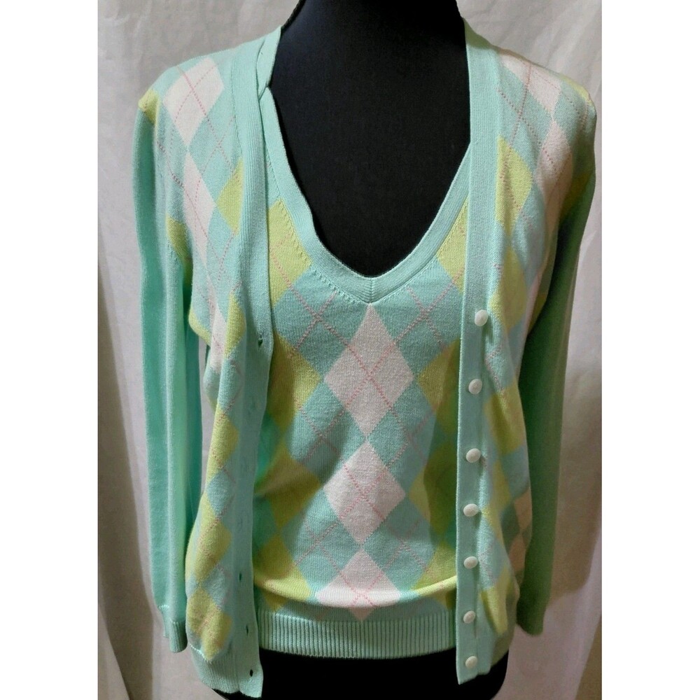Michael Kors Cardigan Sweater Womens S Mint Green Argyle Knit Halter Neck